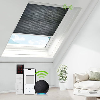 ZSTARR Motorized Skylight Shades Blackout Cellular Honeycomb Electric Blinds with Solar Panel Cordless Rechargeable with Remote for Roof and Slanted Windows Custom Size (Sheer Gunmetal)