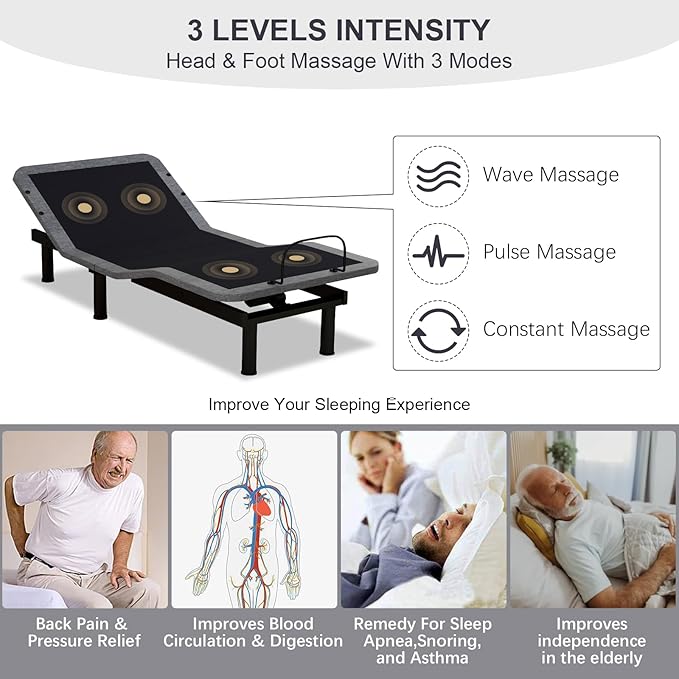 Vipbear Twin XL Adjustable Beds with Thickened Frame, Adjustable Bed Frame with with Wireless Remote, Separate Head/Foot Lift, Massage, Zero Gravity,USB Ports, Adjustable Bed Bases with Sturdy Metal