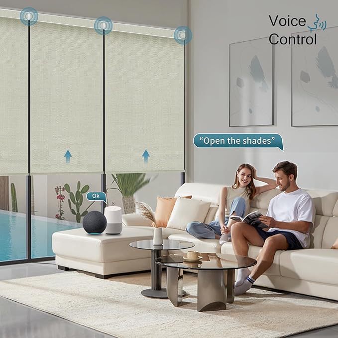 Motorized Roller Shade, 100% Blackout Smart Window Blinds Work with Homekit, Alexa, Google Home, Remote Control, Electric Blinds with USB/Solar Pannel Charging, Gentle Cream