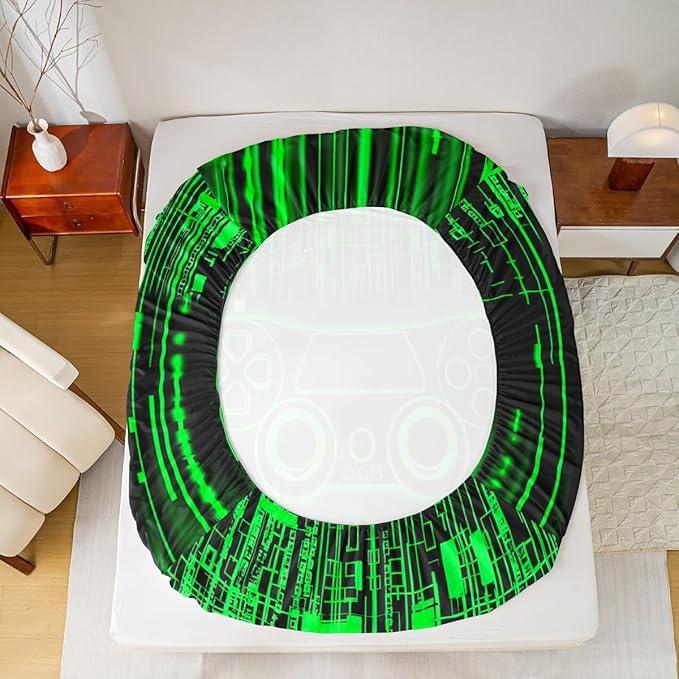 Gamer Gamepad Kids Sheet King Size,Videogaming Controller Fashion Bedding Set,Boys Girls Room Decor,Modern Geometric Honeycomb Hexagon Green Neon Bed Sheet Set 4pcs(Fitted + Flat + 2 Pillowcases)