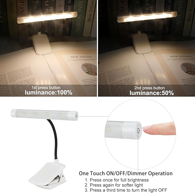 BIGMOANT Battery Operated Book Light, Reading Light with Clip, Eye Care Book Light, 2 Adjustable Brightness Set, Flexible Metal Neck, Perfect for Book Lovers (White, 2 Pack)
