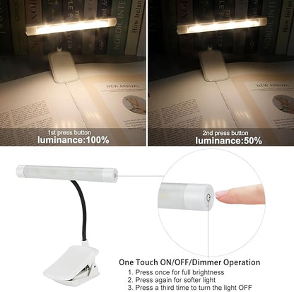 BIGMOANT Battery Operated Book Light, Reading Light with Clip, Eye Care Book Light, 2 Adjustable Brightness Set, Flexible Metal Neck, Perfect for Book Lovers (White, 2 Pack)
