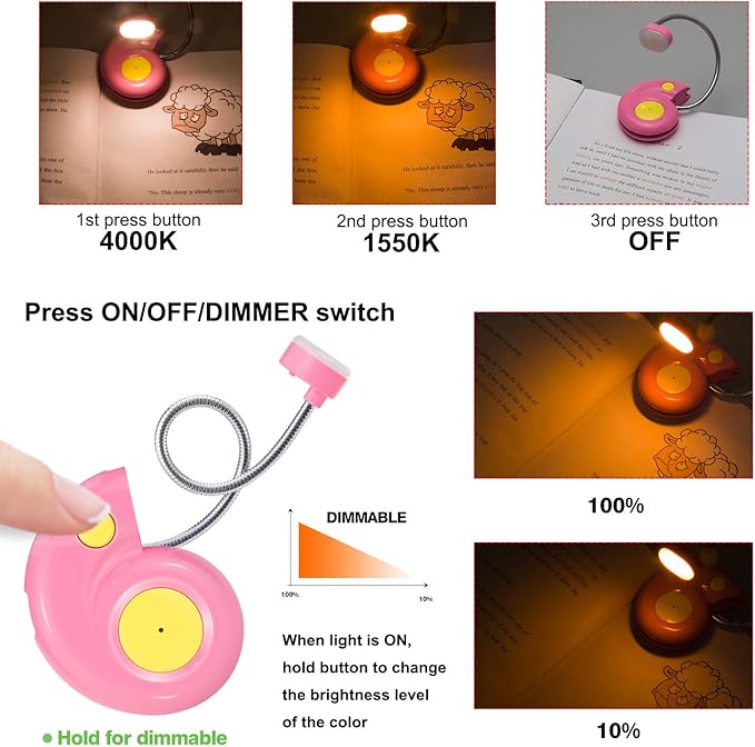 Kids Rechargeable Book Light, Clip on Reading Light for Kid, Kids Reading Lights, Amber Book Light for Reading in Bed, 2 Lighting Modes, Blue Light Blocking, Bookmark Light for Bookworms-Pink
