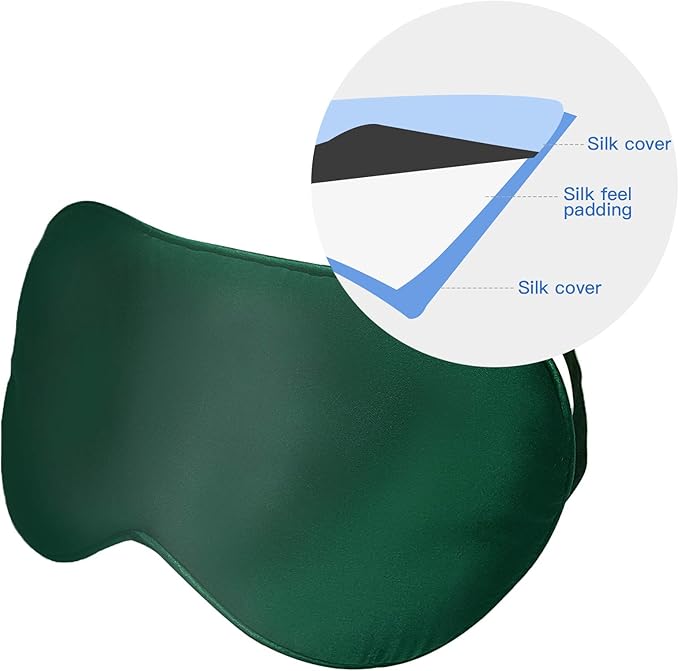 MMCTION Silk Sleep Eye Mask Ultra Comfortable Soft Eye Covers Night Mask Blackout Blindford Eye Shades for Sleeping with Adjustable Strap for Women Men Green