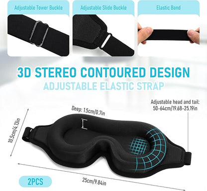 FlyCoco Sleep Mask - Zero Eye Pressure 3D Contoured Cup 99% Black Out Mask, Soft Breathable Lightweight Sleeping Mask with Adjustable Strap, Eye Cover for Yoga Traveling (Black 2pack)