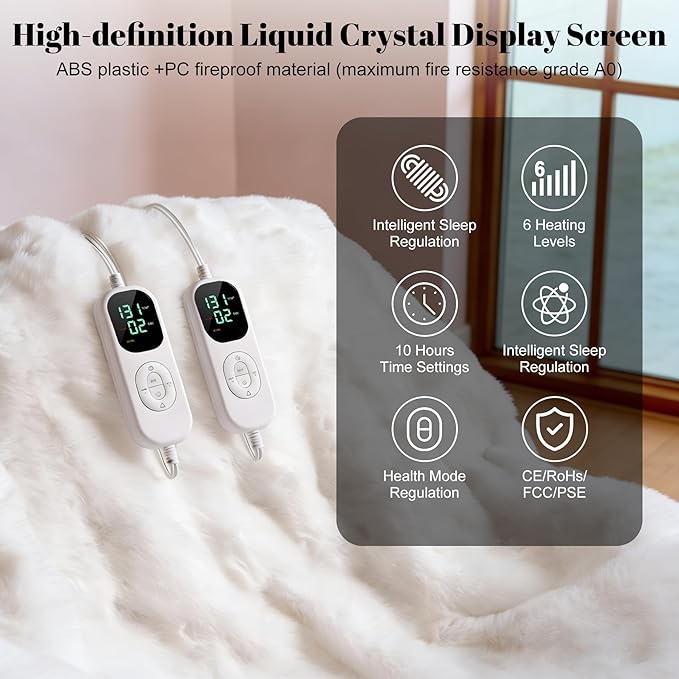 IUUI Electric Heated Blanket King 90''x100'',Luxury Faux Rabbit Fur Heating Throw Blankets,Fast Heating with 1/2/4/6/8/10 Hours,Overheat Protection, Quick Heating, Memory Function, Gift-Ready Design