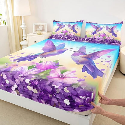 Hummingbird Boys Girls Bed Sheets,Lilac Flower Spring Dreamy Room Decor,Vintage Floral Animal Kids Twin Size Fitted Sheet,Purple Blue Bedding Set,1 Pillowcase(No Flat)