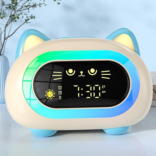 BC-YD-03W-002ds Bedrooms, Kids Alarm Clock with Dual Alarm Snooze Mode 10 Color Night Light Sleep Training Eye Protection Auto Off Timer Blue Cat, Gifts for Kids Girls Boys Teens