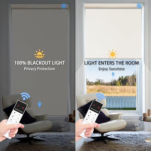 Motorized Blinds with Remote Control, 100% Blackout Cordless Wireless Electric Window Roller Shade Matter Motor Over Thread Compatible with Alexa/Google Home/Homekit (Ivory)