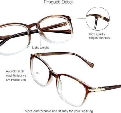 VisionGlobal Blue Light Blocking Glasses for Women, Anti Eyestrain, Computer Reading, TV Glasses, Stylish Square Frame, Anti Glare(Clear Brown,+5.25 Magnification)