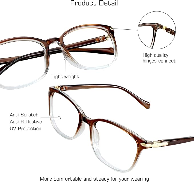 VisionGlobal Blue Light Blocking Glasses for Women, Anti Eyestrain, Computer Reading, TV Glasses, Stylish Square Frame, Anti Glare(Clear Brown,+5.50 Magnification)