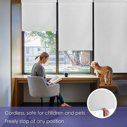 Cordless Blackout Roller Shades for Windows, Linen Texture Blinds with Valance, Pull Down Room Darkening Thermal Insulated UV Protection Shades for Home and Office (White, Custom Size)