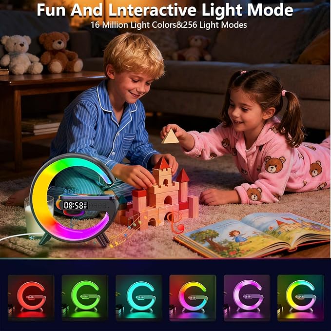 2026 New Wireless Speaker Charger, Smart Alarm Clock LED Table Lamp Bluetooth Speaker Atmosphere Bedside Light with Wireless Charging Station,Alarm Clock Music Lit Lamp Christmas Gift