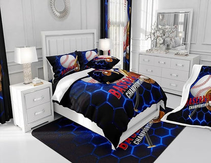 Manfei Baseball Sheet Set Queen Size, Ball Games Sports Themed Bed Sheet Set 4pcs with Deep Pocket Fitted Sheet + Flat Sheet + 2 Pillowcases, Royal Blue Honeycomb Bedding Set for Kids Boys Room Decor