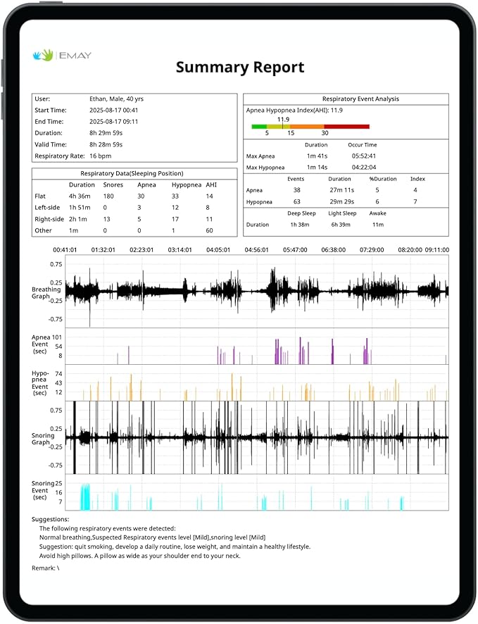EMAY Sleep Breathing Monitor for Airflow Tracking | Record Breathing Continuously On The App | Monitor Sleep Quality and Respiratory Events | Generate Professional Sleep Report with Data Analysis