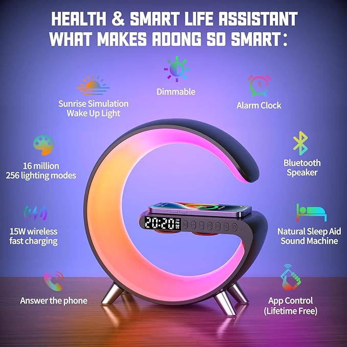 2026 New Wireless Speaker Charger, App Control Smart Alarm Clock LED Table Lamp Bluetooth Speaker Atmosphere Bedside Light with Wireless Charging Station,Alarm Clock Lamp Christmas Gift