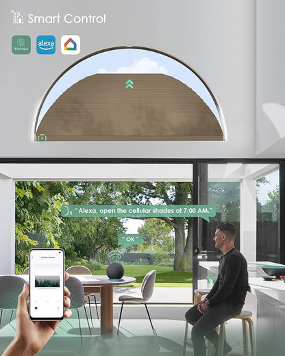 Yoolax Smart Cellular Shades, Motorized Arch Window Honeycomb Blinds Motorized Blinds with Remote Compatible with Alexa, Customized Arched Cellular Shades (Half Shading Brown)