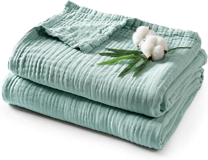 PHF Cooling Muslin Queen Blanket for Hot Sleepers, 60% Rayon Derived from Bamboo, 40% Cotton for Summer, 4-Layer Breathable Gauze Blanket for Bed Couch, 90"x90", Sage Green