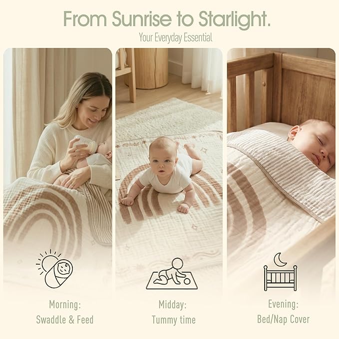 Ultra Soft Muslin Baby Blanket - Made with Organic Cotton, Reversible Rainbow Print & Coffee Striped Jacquard, Swaddle & Crib Quilt, 43x43 Inches (Rainbow Border)