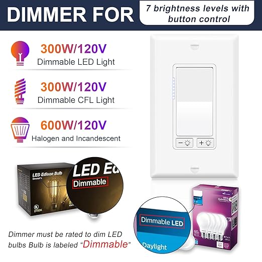 Dimmer Light Switch,Greencycle 24PK 3 Way for Dimmable 150W LED CFL Light,600W Halogen and Incandescent,15A 120V,Neutral Wire Not Required,Residential/Commercial,ETL Listed