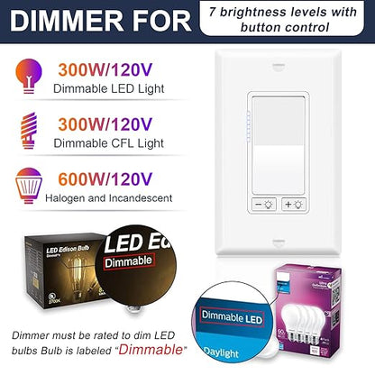 Dimmer Light Switch,Greencycle 10PK 3 Way Dimmer Switch for Dimmable 150W LED CFL Light,600W Halogen and Incandescent,15A 120V,Neutral Wire Not Required,Residential/Commercial,ETL Listed