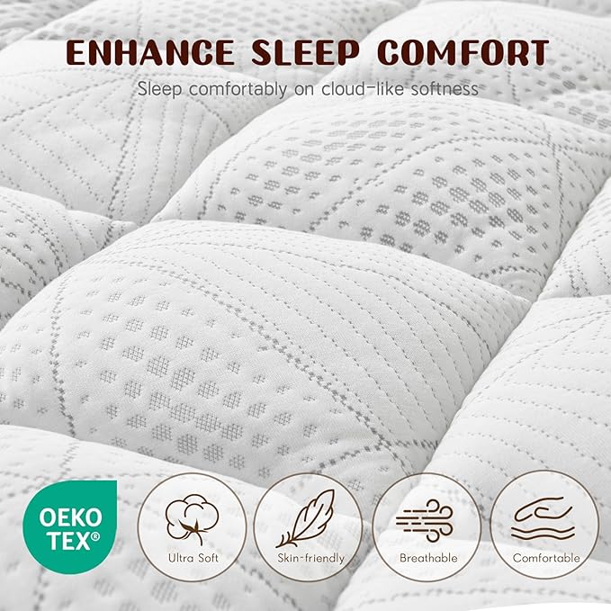 Full Size Mattress Topper, Thick Quilted Fitted Mattress Pad Cover Breathable Bamboo Viscose Cooling Mattress Protector with 6-18 Inch Deep Pocket, Machine Washable (54x75 Inches, White)