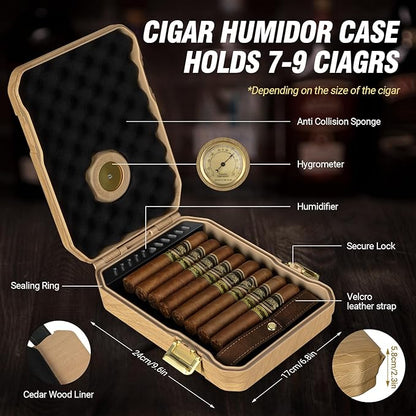 Travel Cigar Humidor Case - Cedar Lined, V Cut Cutter, Portable Humidor with Humidifier & Hygrometer, Holds 7-9 Cigars, Includes Lighter - Gift Set