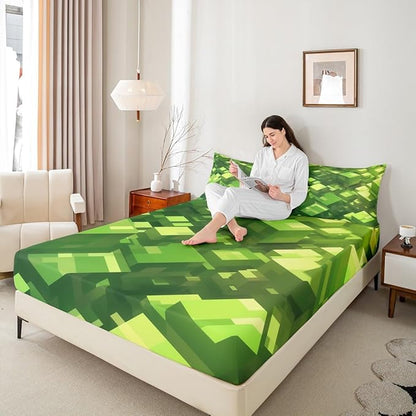Pixelated Blocks Boys Girls Bed Sheets,Square Video Games Gamepad Room Decor,Geometric Grid Patchwork Kids Twin Size Fitted Sheet,Green Bedding Set,1 Pillowcase(No Flat)