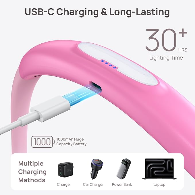 TROND LED Neck Reading Light, 3 Color 3 Brightness Book Light for Reading in Bed, 1000mAh Rechargeable Lamp, Flexible Arm with Outdoor Warning Lamp, Eye-Caring for Crochet, Travel, Book Lovers Gifts