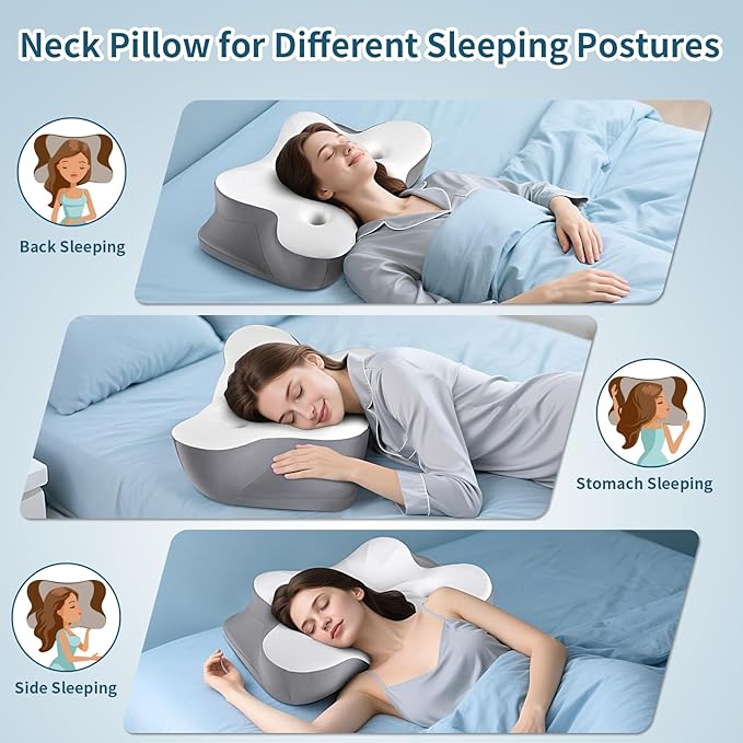 Cerrvical Neck Pillow- Ergonomic Memory Foam Pillows for Sleeping, Dual Ear Relief Zone Contour Pillow, Neck Support Pillows for Side Back &Stomach Sleeper (White)