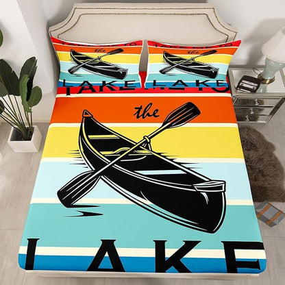 Lake Theme Kids Fitted Sheet Full Size,Lake House Fishing Camping Boating Adventure Bedding Set,Boys Girls Room Decor,Geometric Stripes Bed Cover,Colorful Bed Sheet,2 Pillowcases(No Top Sheet)