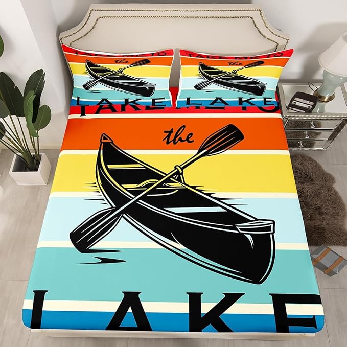 Lake Theme Kids Fitted Sheet Twin Size,Lake House Fishing Camping Boating Adventure Bedding Set,Boys Girls Room Decor,Geometric Stripes Bed Cover,Colorful Bed Sheet,1 Pillowcase(No Top Sheet)