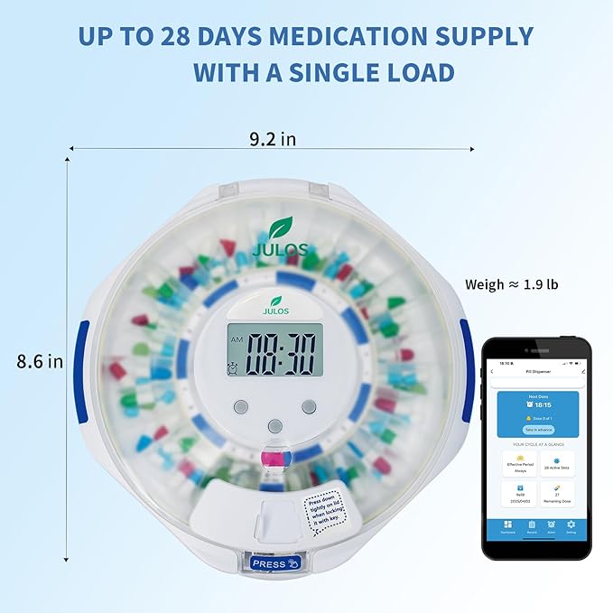 JULOS 28-Day Bluetooth Automatic Pill Dispenser for Seniors & Alzheimer’s Care, Sound/Light/App Alerts, up to 9 Alarms/Day, Locked Frosted Lid Medication Dispenser for Protecting Pills Privacy