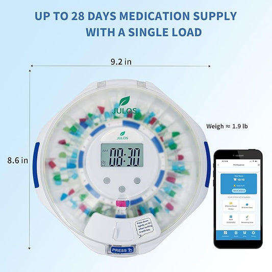 JULOS 28-Day Bluetooth Automatic Pill Dispenser for Seniors & Alzheimer’s Care, Sound/Light/App Alerts, up to 9 Alarms/Day, Locked Frosted Lid Medication Dispenser for Protecting Pills Privacy