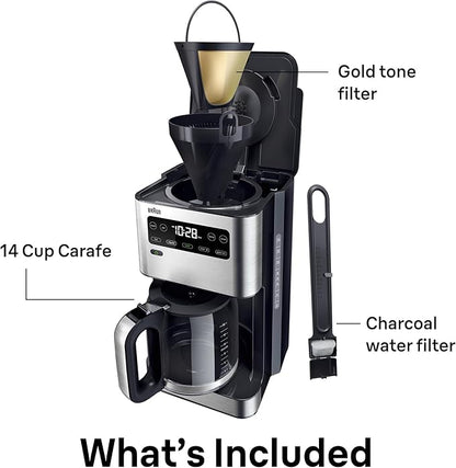 Braun PureFlavor 14‑Cup Programmable Coffee Maker – Fast Brew Speed, Touch Display, Bold & Brew‑Over‑Ice Modes, FlavorCarafe & Adjustable Warm Plate