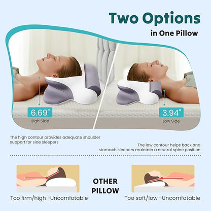 Sweetcrispy Cervical Neck Pillow - Contour Memory Foam Pillow for Neck Pain Relief with Cooling Pillowcase, Ergonomic Orthopedic Support for Side Back Stomach Sleepers, White & Grey