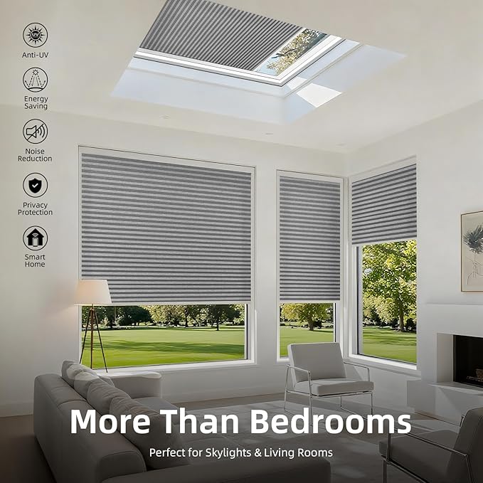ZSTARR Motorized Skylight Shades Blackout Cellular Honeycomb Electric Blinds with Solar Panel Cordless Rechargeable with Remote for Roof and Slanted Windows (LF Silver Grey)