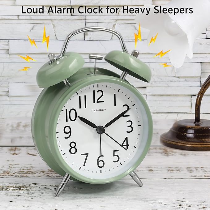 Peakeep Loud Battery Alarm Clock for Heavy Sleepers Adults Kids, Analog 4.5" Twin Bell Old School Fashioned Style for Bedrooms Living Room Decor (Avocado Green)