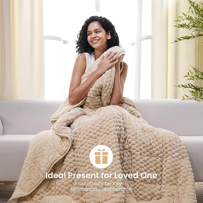 Drewin Weighted Blanket for Adults Queen Size 15lbs, Soft Fuzzy Turtleback Sherpa Weighted Blankets for Sleeping, Cozy Fluffy Heavy Blanket for Couch Bed, 60 x 80 inches, Beige