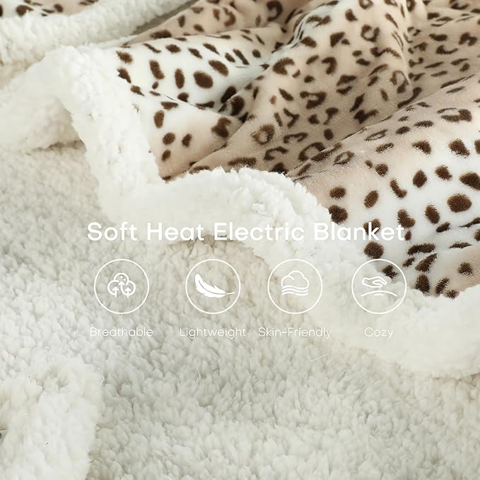 Electric Heated Blanket King Size 90"x100" - Dual-Sided with Flannel, 4 Heat Settings & 10 Hours Auto Off, Machine Washable - Beige Leopard Print