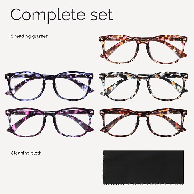 CCVOO +2.25 Clear Vision Reading Glasses for Women – 5-Pack Blue Light Filtering Readers with Spring Hinges