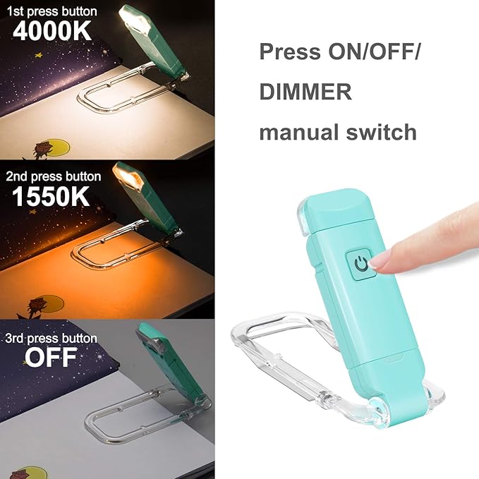 BIGLIGHT Amber Book Reading Light, LED Clip on Book Lights, Reading Lights for Books in Bed, Small Book Light for Kids, USB Rechargeable, 2 Brightness Adjustable for Eye Protection, Mint Green