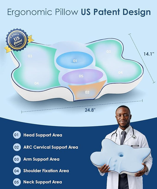 Cervical Pillow for Neck and Shoulder, Ergonomic Side Sleeper Pillow for Pain Relief, Cooling Memory Foam Pillows for Sleeping, Contour Pillow Orthopedic Bed Pillow for Back Stomach Sleepers (Blue)