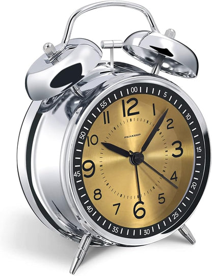 Peakeep Loud Alarm Clock for Heavy Sleepers Adults, Metal 4.5" Twin Bell Battery Operated Alarm Clocks for Bedrooms Decoration (Golden)…