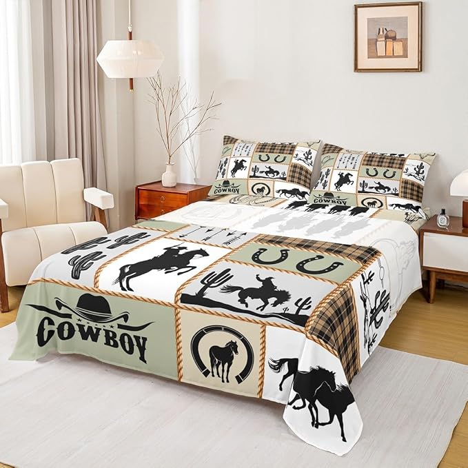 Western Cowboy Kids Sheet Queen Size,Horseshoes Cactus Arrows Plaids Patchwork Bedding Set,Boys Girls Adults Room Decor,Rustic Farmhouse Country Bed Sheet Set 4pcs(Fitted + Flat + 2 Pillowcases)