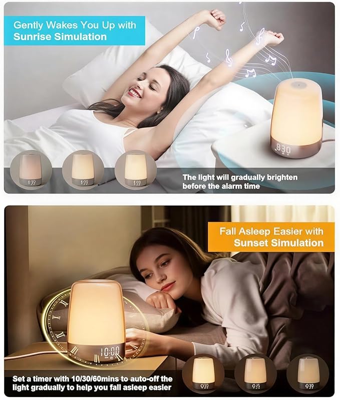 winshine Touch Wake Up Night Light with Sunrise Simulation Alarm Clock, 3 Ways Dimmable Warm White Bedside Lamp for Kid Bedrooms RGB Ambient Table Nightstand Light,Sleep Aid Snooze Timer Mode