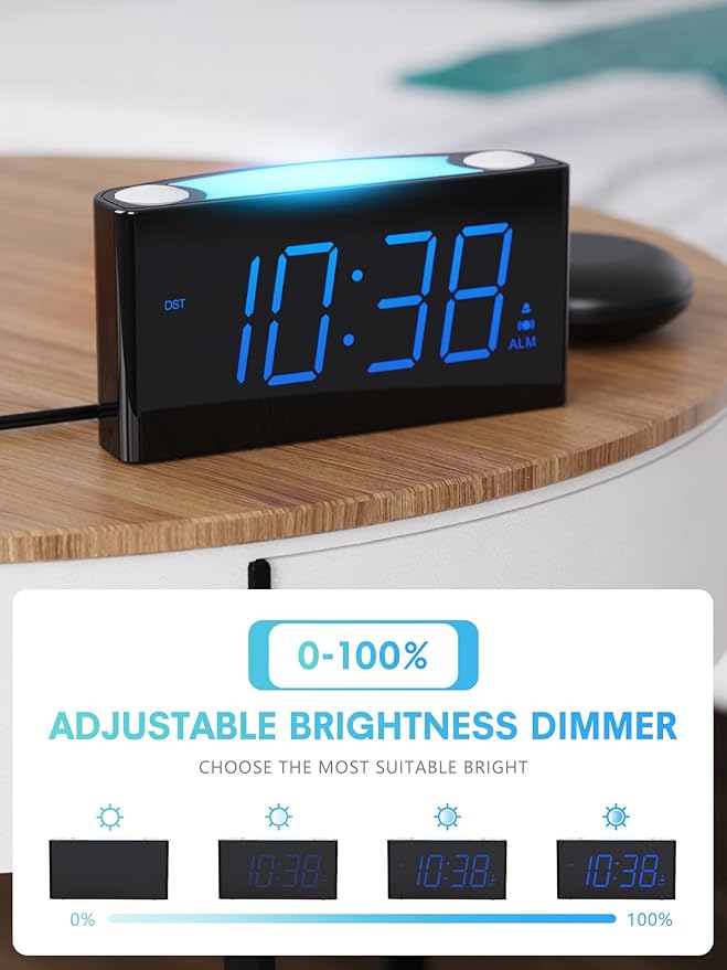 ROCAM Extra Loud Alarm Clock with Bed Shaker, Vibrating Alarm Clock for Heavy Sleepers Deaf Hearing Impaired, 7" Large Display, Dual USB Charger, 7 Color Night Light, Dimmer, Snooze & Battery Backup
