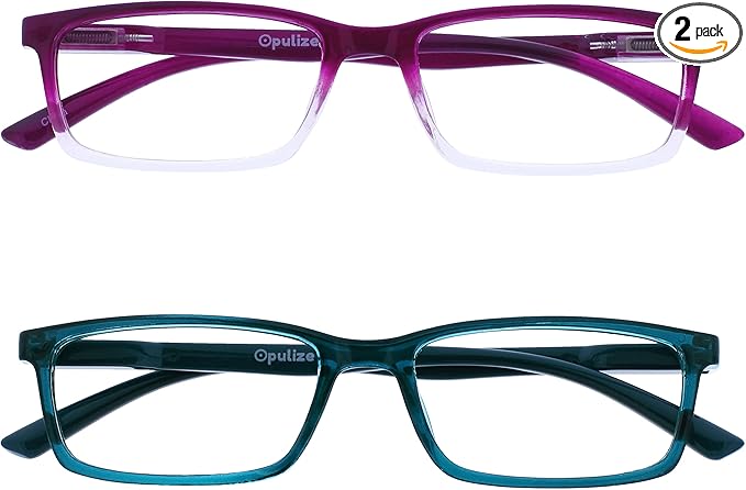 OPULIZE SEE Reading Glasses with Blue Light Blocking for Women and Men, Narrow Frame, Spring Hinges, Computer Gaming Glasses, Purple,Turquoise +1.5 (Pack of 2)