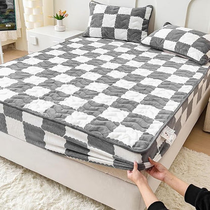 Milk Velvet Checkered Bedding Mattress Cover, Super Soft Elastic Bed Sheets with Pillowcase - Washable 12'' Deep Pocket Mattress Pad
