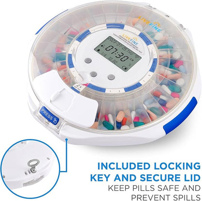 Live Fine Smart WiFi Automatic Pill Dispenser Clear Lid | 28-Day Medication Organizer Up to 9 Doses Per Day for Care Monitoring with Lock Key, Light/Sound Alarms for Prescriptions & Vitamins